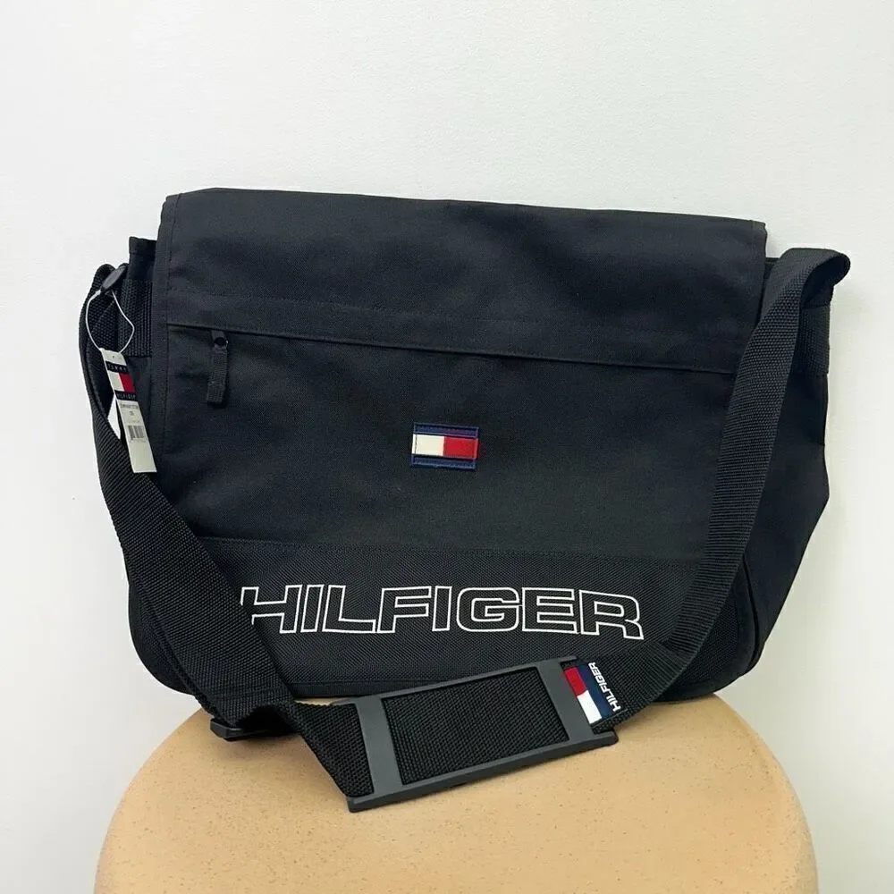 Tommy Hilfiger Unisex Vintage Y2K 90s Black Spell Out Small Flag Messenger Bag